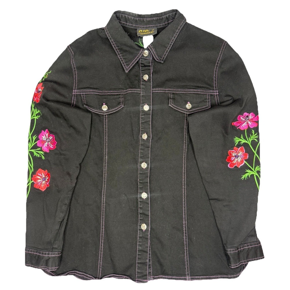 Bob Mackie Top Women's Large Black Floral Denim Western Embroidered Country Art